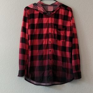 BOGO 🆓Plaid Red Fading to Black Hooded Shirt